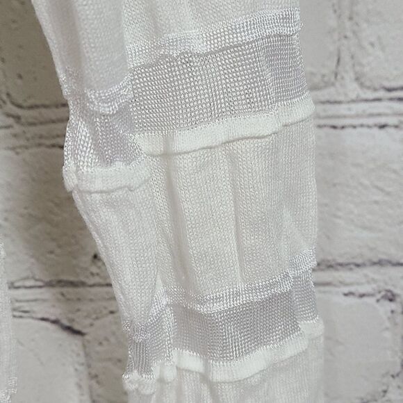 LOFT White Linen Blouse Peakaboo Sheer Mesh Stripe Soft Knit 3/4 Sleeve Top Flaw - Picture 3 of 9